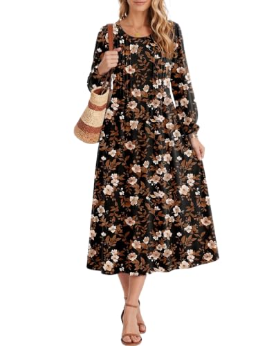 Image of Zeagoo Fall Dresses for Women Long Sleeve Midi Dress Casual A Line Dresses 2026 Pleated Flare Dress with Pockets