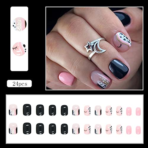 24 Pcs Short Square Fake Nails Solid Color Press On Nails With Black White Speckle Eyelash Designs Glossy Stick On Nails Full Cover False Nails Short Artificial Acrylic Nails For Women Girls #TOP1