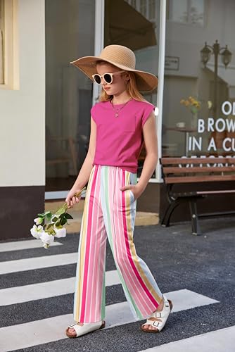Image of Arshiner Girls Clothes 2 Piece Outfits Drop Shoulder Sleeve Top and Wide Leg Pants Set Trendy Clothing Size 6-14