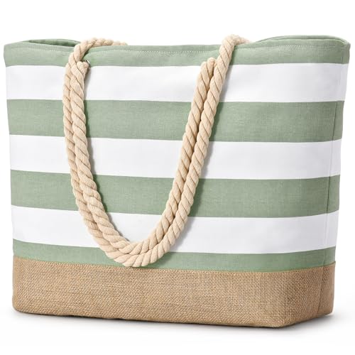 Becokan Beach Bags for Women Large Canvas Jute Beach Tote Bag Beach Bags Waterproof Sandproof Swim Pool Bag Beach Travel Essentials