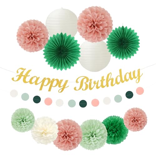 Image of Sage-Green Pink Birthday Party-Decorations Paper-Flowers - 14pcs Happy Banner Spring Lanterns Tissue Pom Poms,Boho Streamers Garland Fans,Neutral Rustic Garden Office Hanging Supplies Decor Hugfond