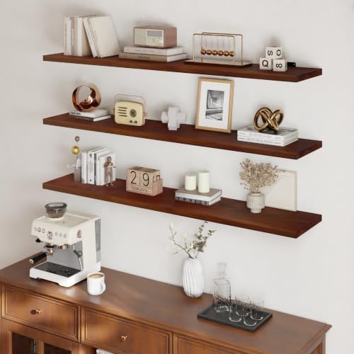 Image of 48 Inch Long Floating Shelf for Wall, 3 Tier Solid Wood Floating Book Shelf,Walnut Large Wall Shelf with Heavy Duty Brackets,Floating Bookshelf for Living Room