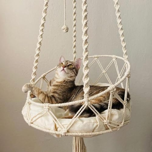 CHEYLIZI Hamac à Bascule pour Chat, en macramé | Hamac bohème pour Chats domestiques – Parure de lit Confortable pour Animaux de Compagnie, Chatons, pour Dormir, Jouer, escalader – vue 6