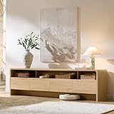 AMERLIFE 70' Modern TV Stand for TVs up to 80', Curved Wooden Console with Open Cubby & 2 Storage Cabinets, Media Entertainment Center for Living Room & Bedroom, Natural Oak