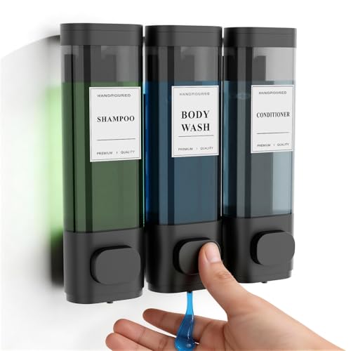 Shampoo and Conditioner Dispenser – Wall-Mounted Shower Soap Dispenser, No-Drill Installation, Lockable, 900 ml Capacity,for Bathroom & Hotel or Airbnb (Black, 3-Pack)