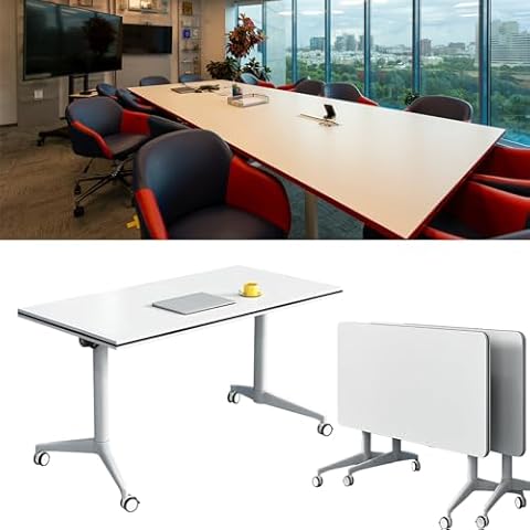 2 PCS Folding Conference Table, 4.5FT Modern White Meeting Table with Silent Wheels, Long Folding Seminar Table for Office Training Classroom Cover