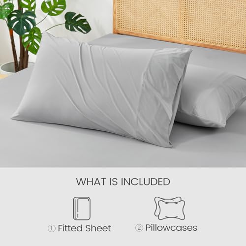 Cozy Bliss Premium Cooling Sheet Set King Size, Q-Max>0.4, 3PCS No Flat Sheet with 2 Pillowcases, Breathable Fitted Sheet for Hot Sleepers & Night Sweats, Deep Pocket Up to 18 Inches, Light Grey