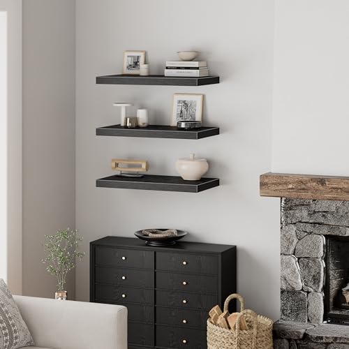 Image of QEEIG 12 inch Deep Floating Shelves for Wall - 12 x 24 inch Book Shelf Bathroom Bedroom Kitchen Living Room Hanging Bookshelf Farmhouse Set of 3, Black (026-60B3)