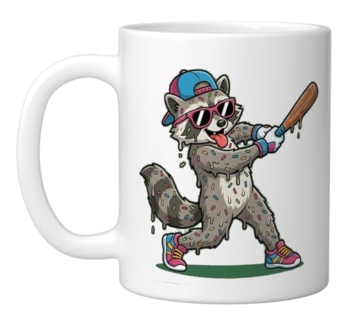 Funny Baseball Raccoon Donut Sprinkle Hitter Trash Panda Ceramic Mug, White