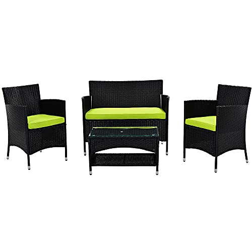 Juego de 4 muebles de patio al aire libre y jardín, mimbre negro, 2 sillones + 1 sofá doble + 1 mesa con cojín verde