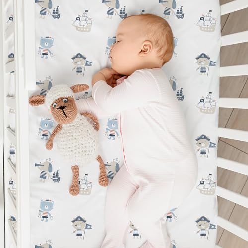 Image of Nap Mat Sheet 47 inchx24 inch, 3 Pack Blue Ocean Sailor Baby Crib Sheets Fitted Elastic Corners, Preschool Day Care Rest Mat Cover, Soft Breathable - Compatible with Regalo My Cot, Joovy Travel Cot