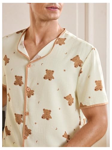 Men's 2 Piece Pajama Set Cartoon Bear Graphic Short Sleeve Button Down Shirt and Pants Pjs Sets Sleepwear Loungewear4