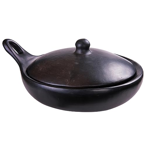 Authentic Chamba Saute Pan w/Cover – Elegant, All-Natural Black Clay Skillet for Frying, Cooking and Serving – Fry Pan is Stovetop & Oven Safe - NOT Non-stick – Handmade in Colombia - 8 Inches
