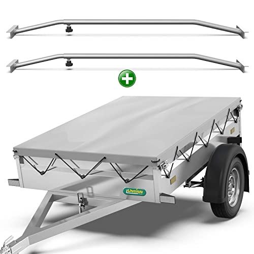 Tarpofix® Bâche pour remorque Plate 217 x 117 x 8 cm + 2X Arceau de bâche (réglable 100-145 cm) - Bache remorque PVC - Bâche de Couverture pour diverses remorques de Voitures de 750kg