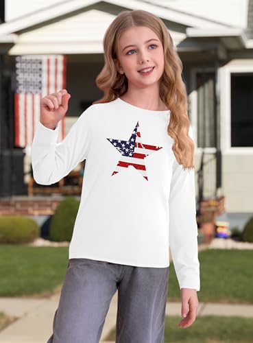 Image of Ithalt 4th of July Outfit Kids Girls American T Shirt USA T-Shirt Fourth of July Tops Patriotic Long Sleeve Tops