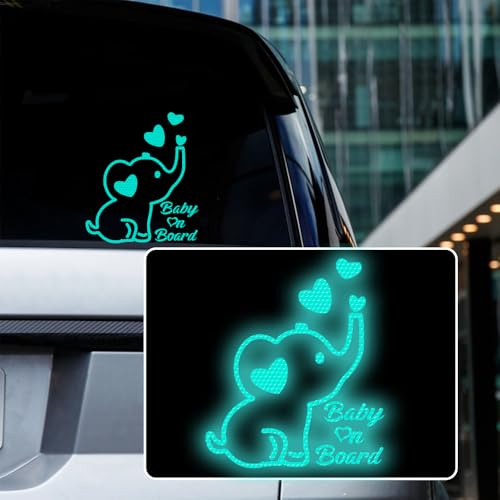 Image of High Intensity Reflective Baby on Board Car Decal Cartoon Cute Elephant Kids on Board Car Sticker Waterproof Safety Warning Decal Baby in Car Sticker (Mint Green)
