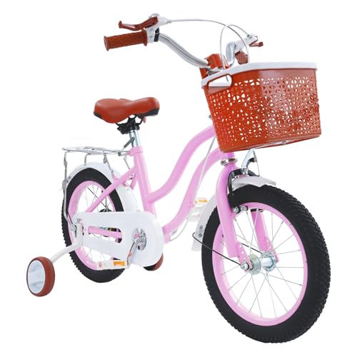 Pinuox Bicicleta infantil de 14 pulgadas con ruedas estabilizadoras, cesta y portaequipajes – Manillar y sillín de altura ajustable para 3 – 7 años, color rosa