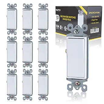 10-Pack] Single-Pole Decorator Paddle Wall Light Switch, 15A 120/277V, On/Off Rocker, White, 10-Piece