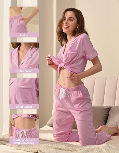 Image of NAP BOUND 100% Cotton Women's Pajama Sets Short Sleeve Button Down Soft Pjs 2 Piece Lounge Set with Pocket Nightwear XS-XXL