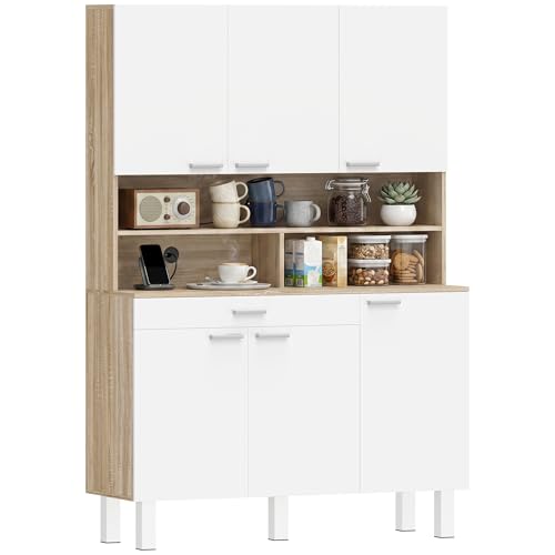 HOMCOM Buffet Haut Cuisine, Armoire de Cuisine, Vaisselier, 6 Portes, Tiroir et Étagères Ouvertes, Style Moderne, Meuble de Rangement pour Salon, Salle à...