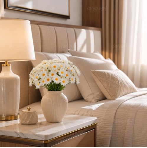 Image of Divyakosh Artificial Daisy Flowers Bunch for Home Decor, Pack of 5 with 150 White Flowers, Faux Floral Arrangement for Vase, Living Room, Wedding, Festive & Party Decoration