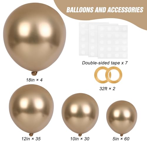 Image of RUBFAC Chrome Gold Balloons 129pcs Different Sizes Pack of 18 12 10 5 Inch, Latex Metallic Gold Balloon Garland Arch Kit for Graduation Wedding Happy Birthday Party Decoration