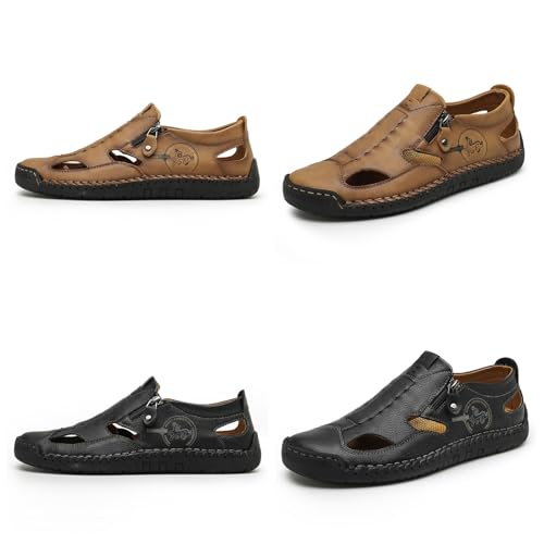 Men's Hand-Stitching Leather Lightweight Summer Slip On Flats Sandals Casual Retro Close Toe Driving Walking Outdoor Beach Shoes2