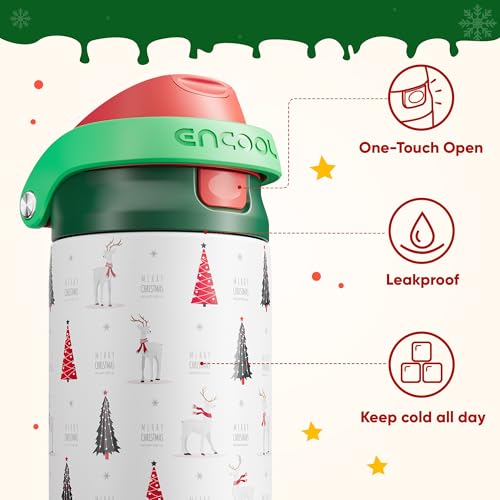 Image of ENCOOL Christmas SwiftSip Insulated Water Bottle with Straw, Stainless Steel Water Bottle, Leak Proof BPA-Free, Keeps Cold for 24 Hours for Sports, Christmas Holiday Gifts for Women, 24oz, Nordic Noel