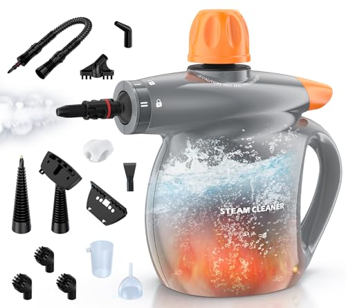 Image of Steam Cleaner, Pressurized Handheld 13pcs Multi-Purpose Natural Deep Cleaning Steamer, Portable Steamer for Cleaning Home, Grout, Kitchen, Car, Window, Upholstery, Bathroom and Clothes, Orange&Gray
