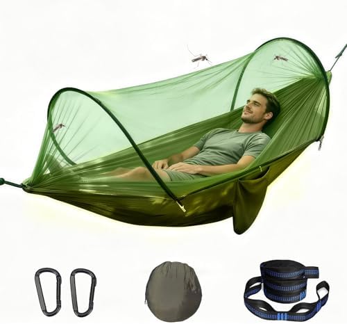 Amaca da Campeggio con Zanzariera - 300 kg, 260x140 cm, Amaca da Giardino, Leggera in Tessuto Paracadute, Include Cinghie e Moschettoni - Ideale per Campeggio,Trekking (Verde militare)