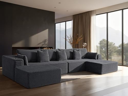 Image of 138 inch Cloud Sectional Couch, Comfort U Shaped Sofa for Living Room, Extra Deep Seats No Assembly, Minimalist Modular Couch, Corduroy (Dark Grey, 6 Seats,U-Shape A)