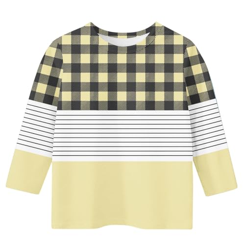Girls 3/4 Sleeve T-Shirts Plaid Colorblock Patchwork Casual Loose Basic Crew Neck Summer Tops for Kids 3-14 Years3