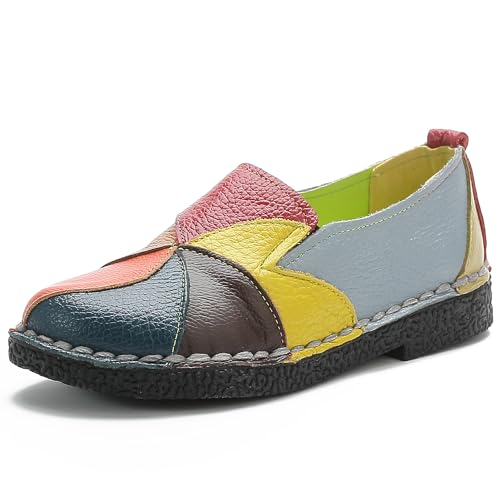 Image of Trsorini Women Leather Loafers Slip-on Casual Flat Shoes | Soft sole comfortable slip on flats,multi color stitching design,driving walking casual daily dress occasions wear