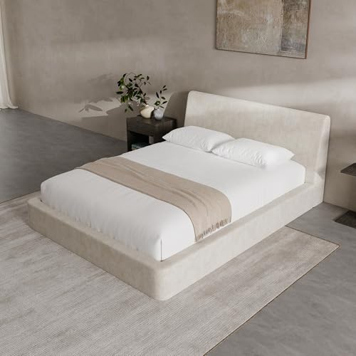 Image of RECCI AirFrame Queen Bed Frame with Ergonomic Angled Foam Cushioned Headboard, Minimalist Design Platform Bed Frame, No Box Spring Needed, Easy Assembly (Beige Chenille)