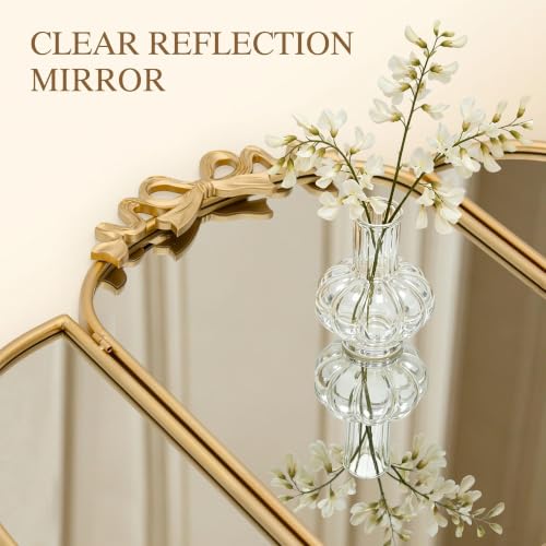 Image of Besdomus Bow 3 Way Vanity Mirror: 36 inchx24 inch Gold Large Vintage Trifold Mirror | French Antique Metal Framed - Large Three Sided Dresser Mirors for Bedroom /Dressing Room /Cloakroom - Home Decor for Housewife