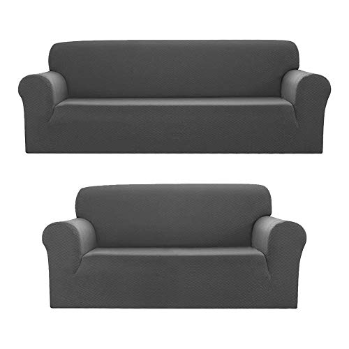 Sapphire Home 2-Piece Sofa and Loveseat Slipcovers, Couch Covers Set, Form fit Stretch, Wrinkle Free, Furniture Protector, Sofa Covers for Living Room, Diamond Pattern Polyester Spandex (Light Gray)