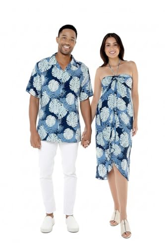 Image of Matchable Couple Hawaiian Shirt or Dress Signature Prints Pacific Palm | Sold Individually; Matchable Couple Collection; Soft Comfortable Fabric; Signature Tropical Prints; Vacation Ready