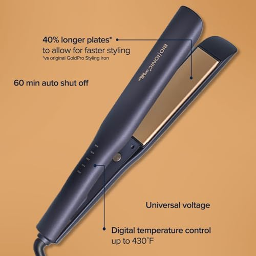 Image of Bio Ionic GoldPro Hair Straightener, Blue, Moisturizing Heat Technology & 24K Gold MX, Hair Straightening Iron for Sleek Styles & Flat Iron Curls, 40% Longer Plates, Adjustable Heat