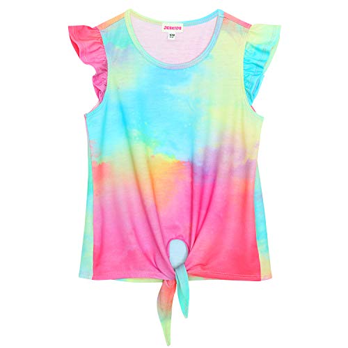 Image of JESKIDS Girls Short Sleeve Shirts Ruffle Tie Front Unicorn /Tie Dye Print Summer Tee Tank Tops 3-11 Years