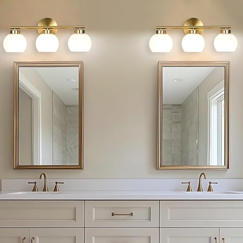 Image of 3 Light Bathroom Vanity Light, 20 inch Brushed Gold Bathroom Light Fixtures Over Mirror with Milky White Glass Globe Shade, Mid Century Modern Brass Wall Sconces, E26 Socket