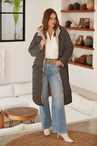 ECOWISH Women Winter Puffer Jacket - Reversible Fur Fleece Lined Hood Zip Sherpa Coat Parka Padded Long Outerwear3