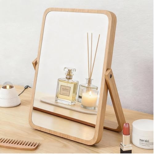 Espejo de maquillaje rectangular plegable de bambú
