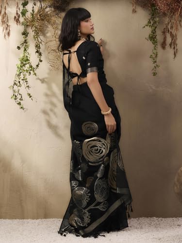 Image of AKHILAM Women's Kanjivaram Pure Silk Floral Printed Saree With Unstitched Blouse Piece