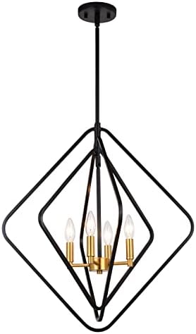 VAXCEL Brady 4 Light Black and Satin Brass Contemporary Geometric Cage Pendant Light