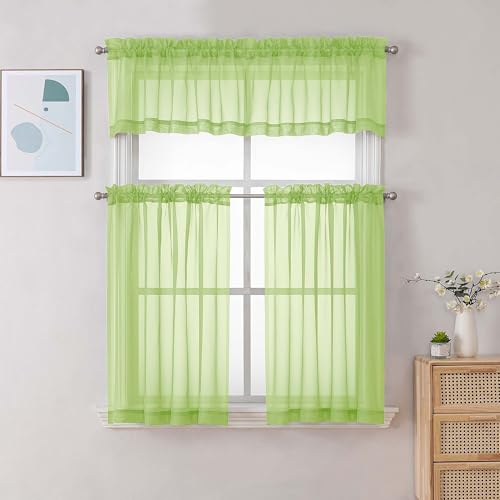 Image of Chyhomenyc Sheer Valances for Windows, Light Filtering Small Window Curtains for Living Room Bathroom Cafe Laundry Basement, Modern Top Dual Rod Pocket Voile Curtain, 42Wx14L inches, Lime, 2 Pieces