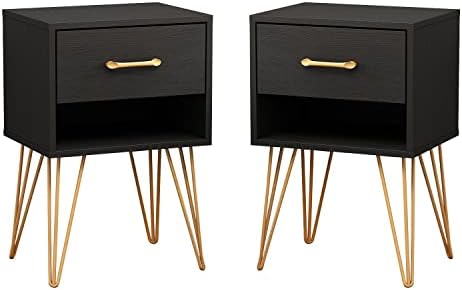 FAMAPY Nightstands Set of 2, Bedside Table Side Table with Drawer & Shelf, Industrial Style, Gold Metal Legs, End Table Black (15.7”W x 11.8”D x 23.6”H)