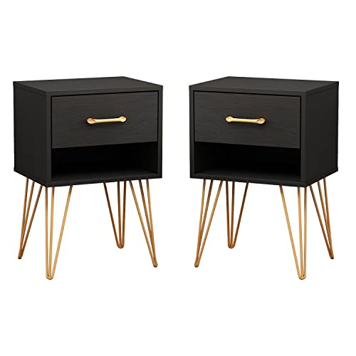 Famapy Nightstands Set Of 2, Bedside Table Side Table With Drawer & Shelf, Industrial Style, Gold Metal Legs, End Table Black (15.7”W X 11.8”D X 23.6”H) #TOP2