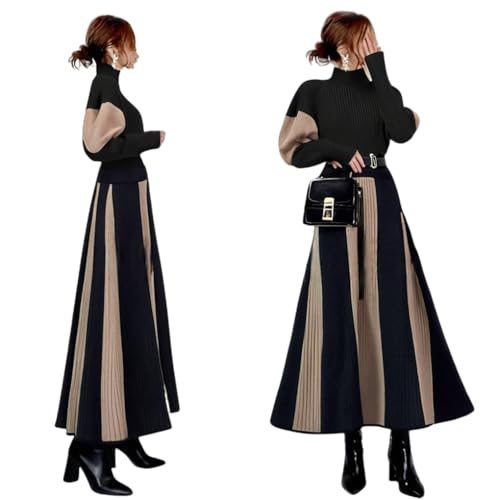 [DYIOPMFGZ] レディース セーターワンピース ロングセーター ワンピース 長袖ワンピース ニットワンピース ロングワンピース マキシワンピース バイカラー フレア おしゃれ カジュアル 柔らかい もちもち 可愛い ゆったり 秋冬 (ブラック,M,M)のサムネイル