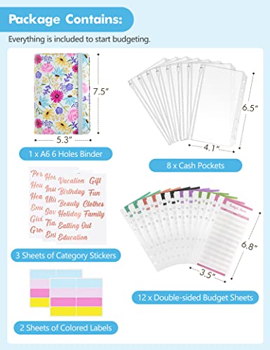 Image of A6 Budget Binder for Money Saving, PU Leather Budget Planner with 8 Cash Envelopes, Budget Sheets & Rose Gold Category Stickers, Money Organizer for Cash (Blue Flower)