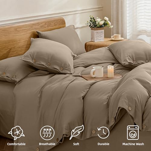Image of JELLYMONI Cotton Duvet Cover Twin Size - Khaki Comforter Cover with Button 100% Washed Cotton 2PCS Breathable Soft Solid Bedding Set Duvet Cover 68x90in & 1 Pillowcase (NO Comforter)